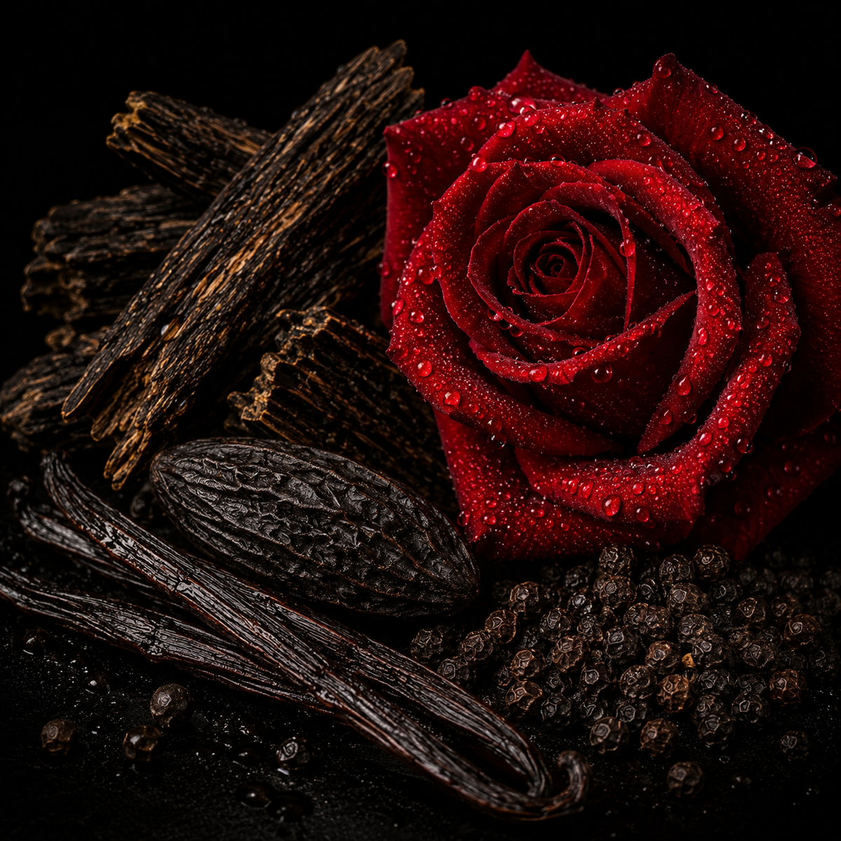 Rose rouge, Fève tonka et grains de poivre - notes olfactives Héritage Lormont