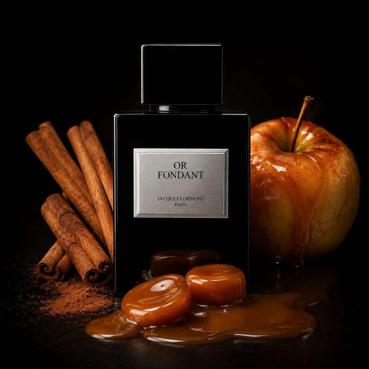 Flacon Or fondant Lormont avec pomme cuite caramélisée, bâton de cannelle et caramel fondant