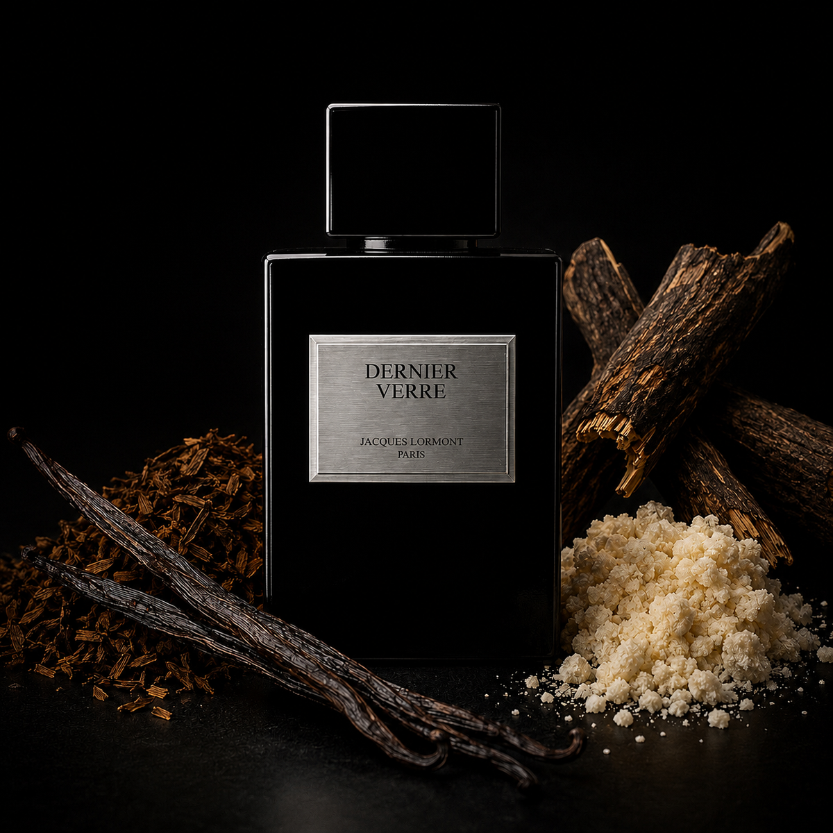Flacon noir avec plaque métallique Dernier verre Lormont avec tabac, vanille, musc et oud