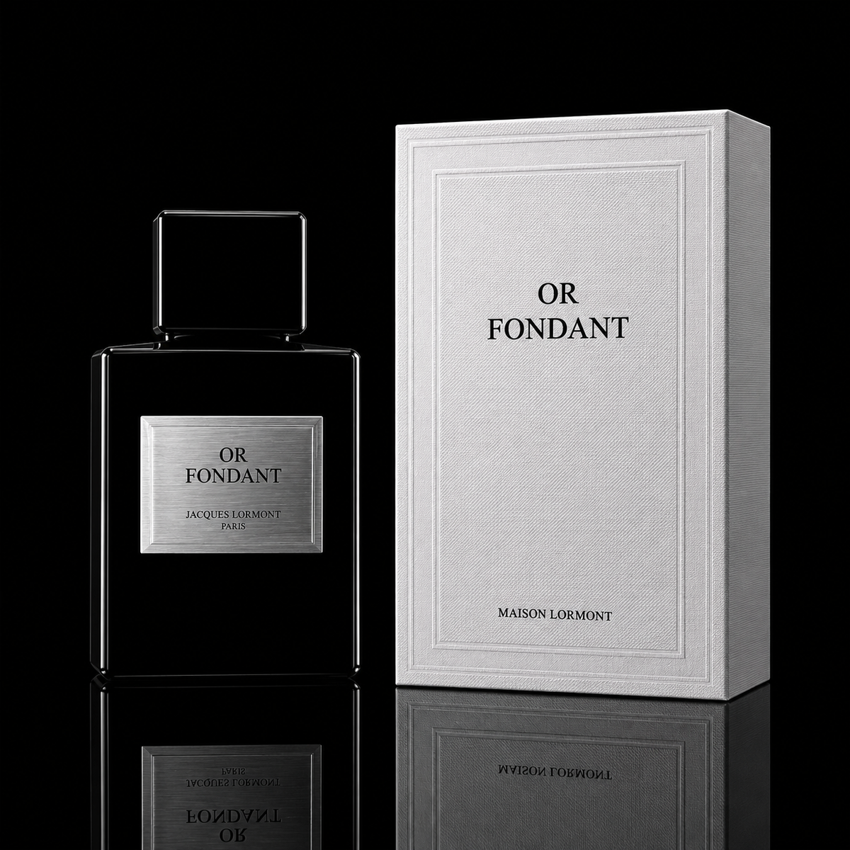 Flacon et Coffret Or Fondant Maison Lormont sur fon noir 
