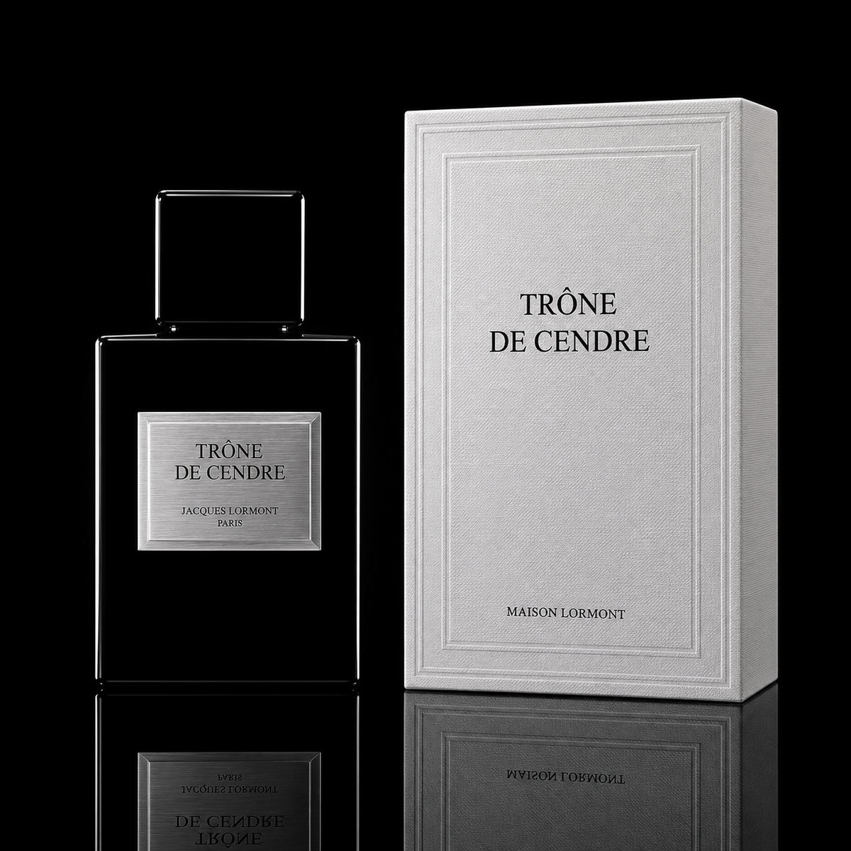 Flacon et coffret Trône de cendre Maison Lormont sur fond noir 