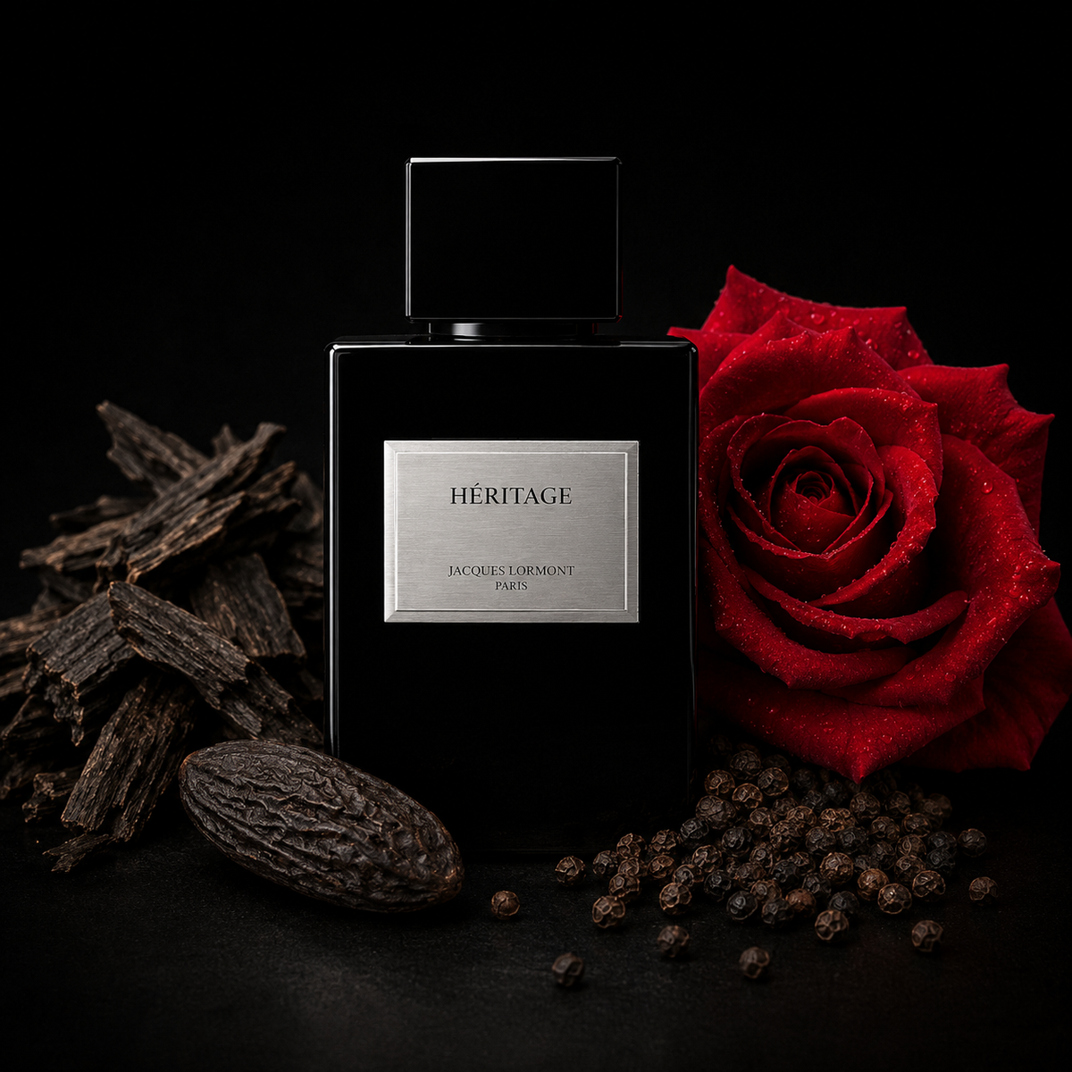 Flacon Héritage Lormont avec rose rouge, grains de poivre noir et fève tonka