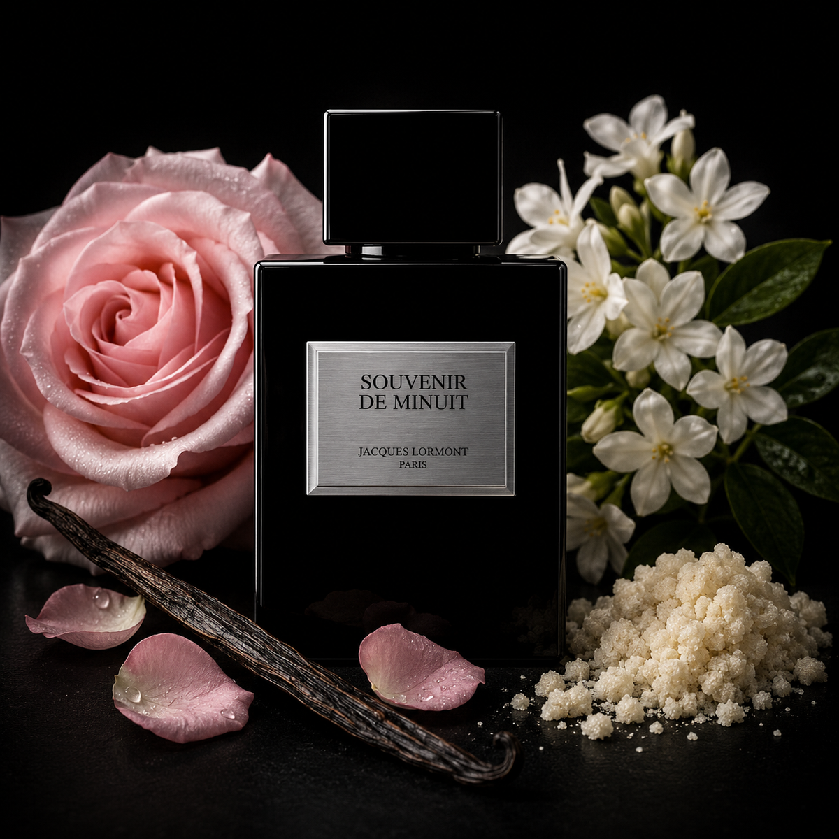 Flacon Souvenir de Minuit Lormont avec rose poudrée, jasmin blanc, vanille et musc 