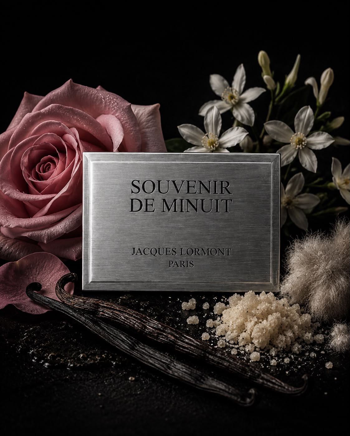 Souvenir de Minuit Lormont- plaque métallique avec rose poudrée, jasmin, gousse de vanille et musc sur fond noir 