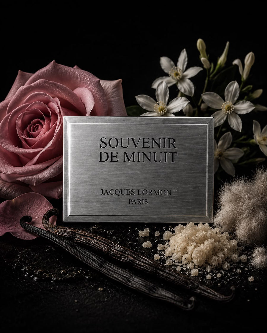 Souvenir de Minuit Lormont- plaque métallique avec rose poudrée, jasmin, gousse de vanille et musc sur fond noir 