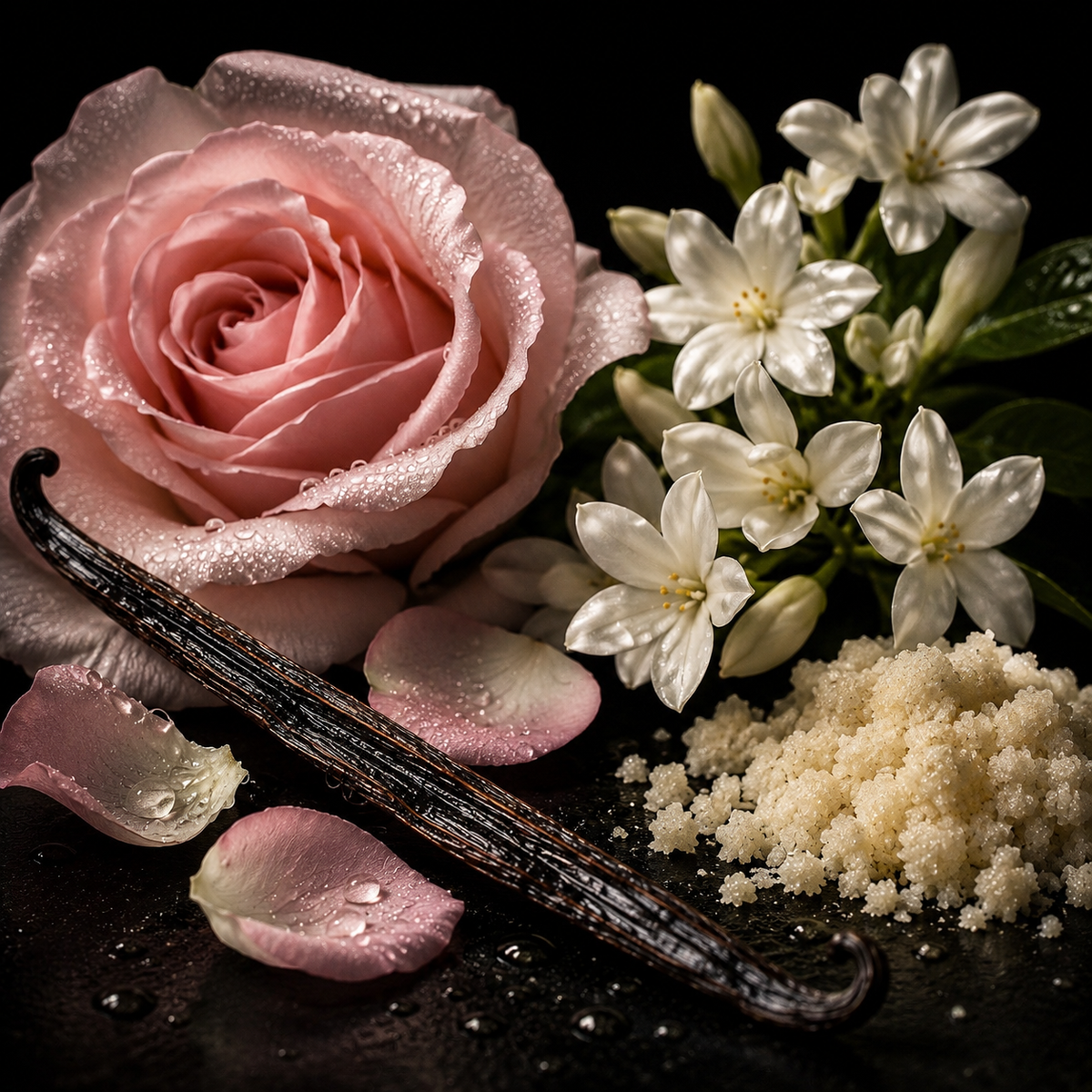 Rose poudrée, jasmin blanc, vanille et musc - notes olfactives de Souvenir de Minuit Lormont