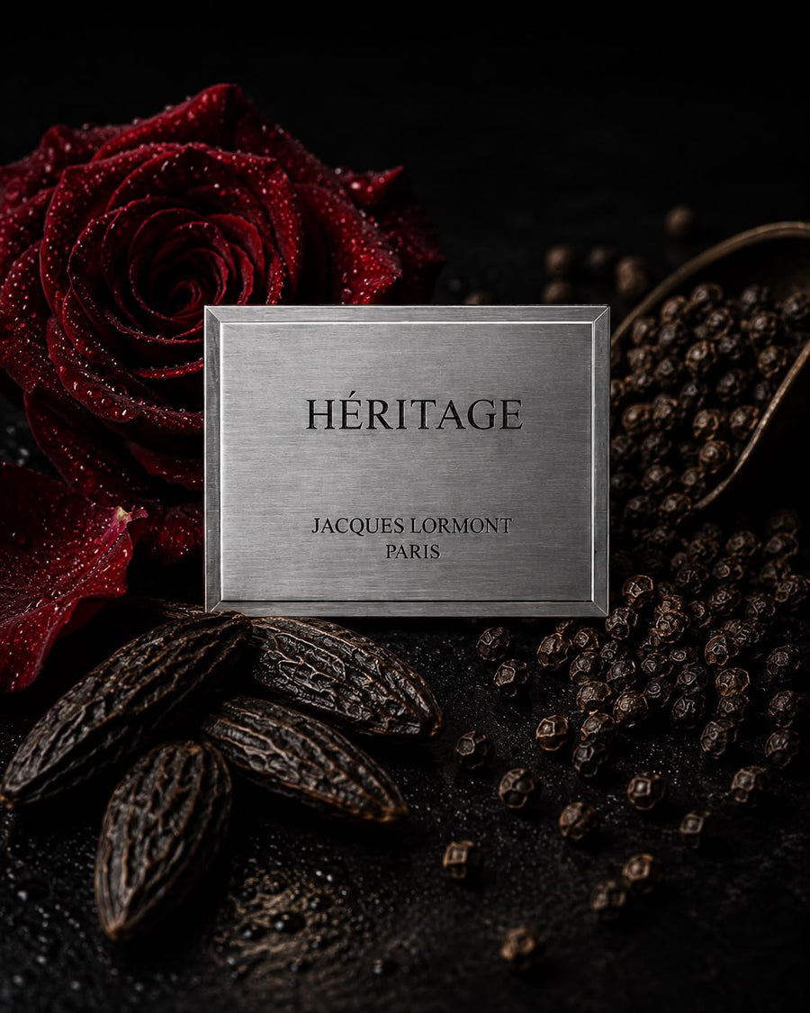 Héritage Lormont Paris - plaque métallique du parfum entourée d'une rose rouge, de grains de poivre noir et de fèves tonka 
