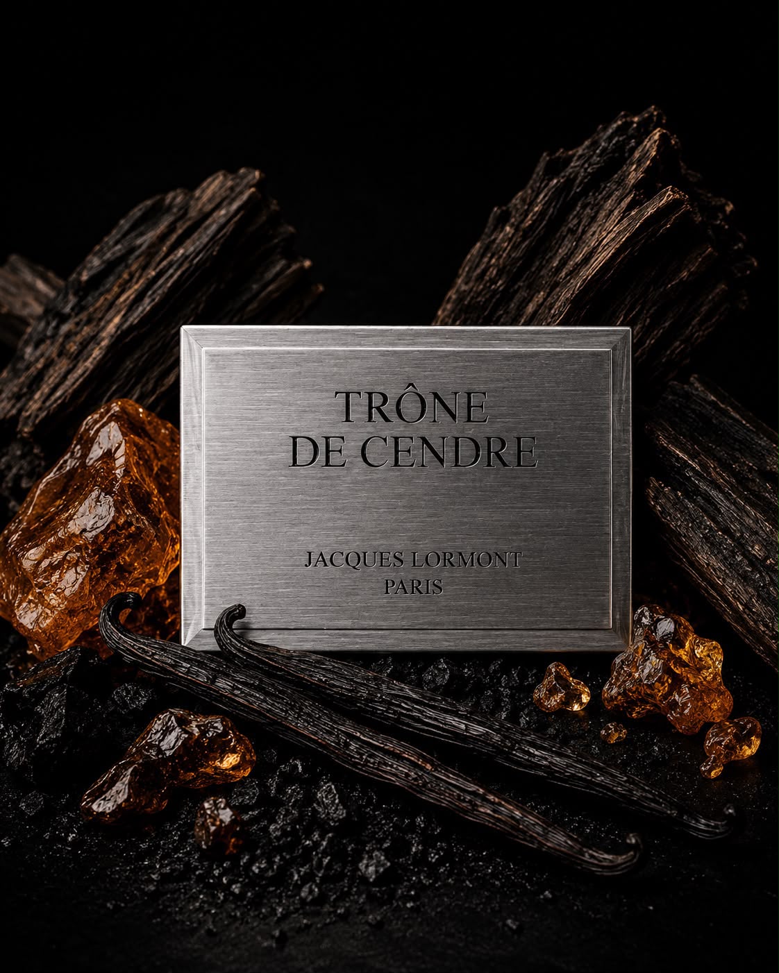 Plaque Trône de Cendre Lormont avec vanille, ambre et bois de oud sur fond noir
