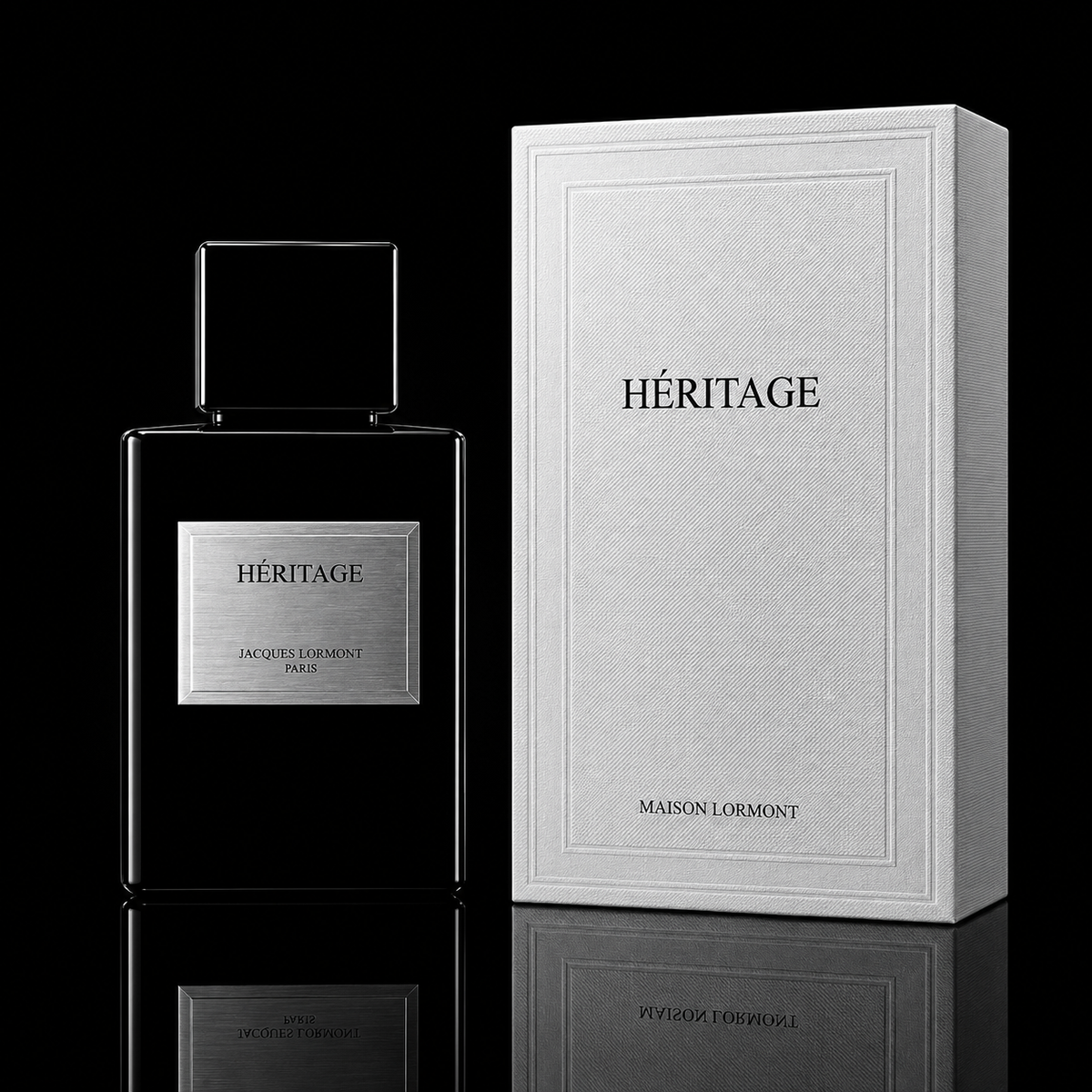 Flacon et coffret Héritage Maison Lormont sur fond noir 