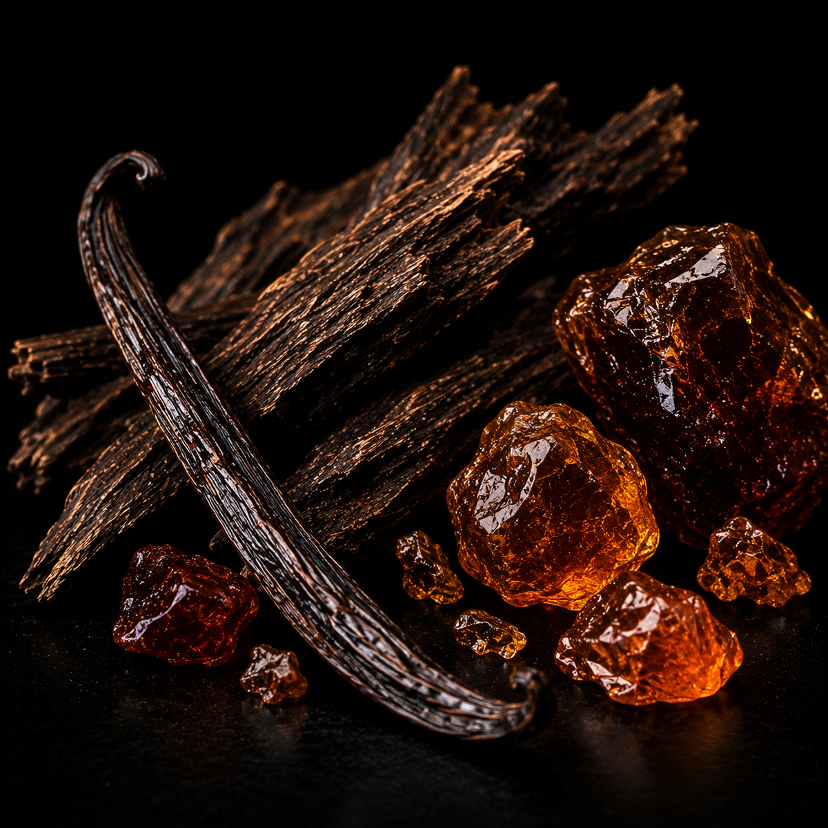 Vanille, ambre et bois de oud - notes olfactives du parfum Trône de Cendre Lormont Paris 