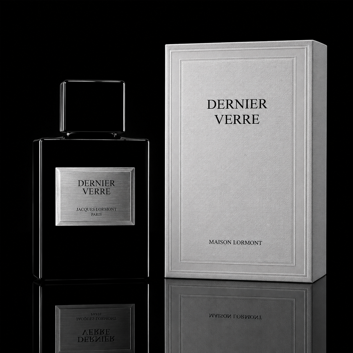 Flacon et coffret Dernier Verre Maison Lormont sur fond noir 