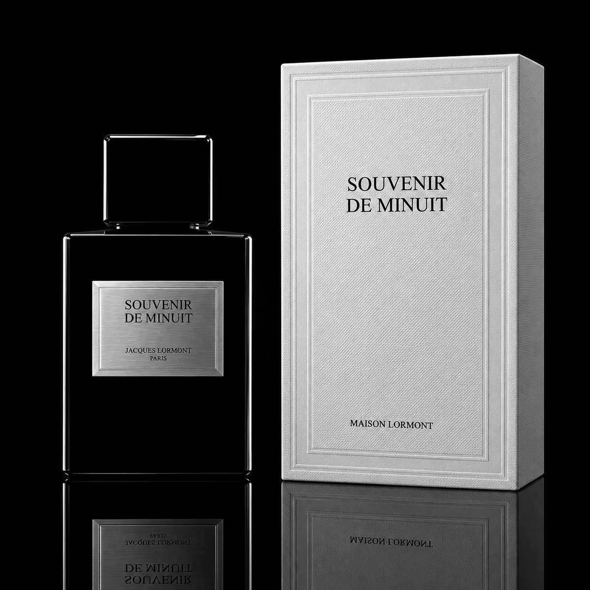Flacon et coffret de Souvenir de Minuit Lormont sur fond noir 