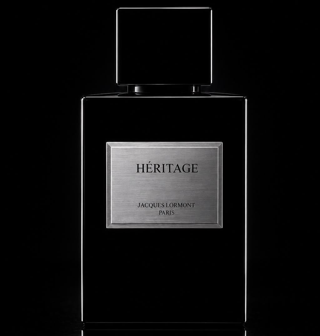 Flacon noir Héritage Lormont Paris avec plaque métallique argentée 
